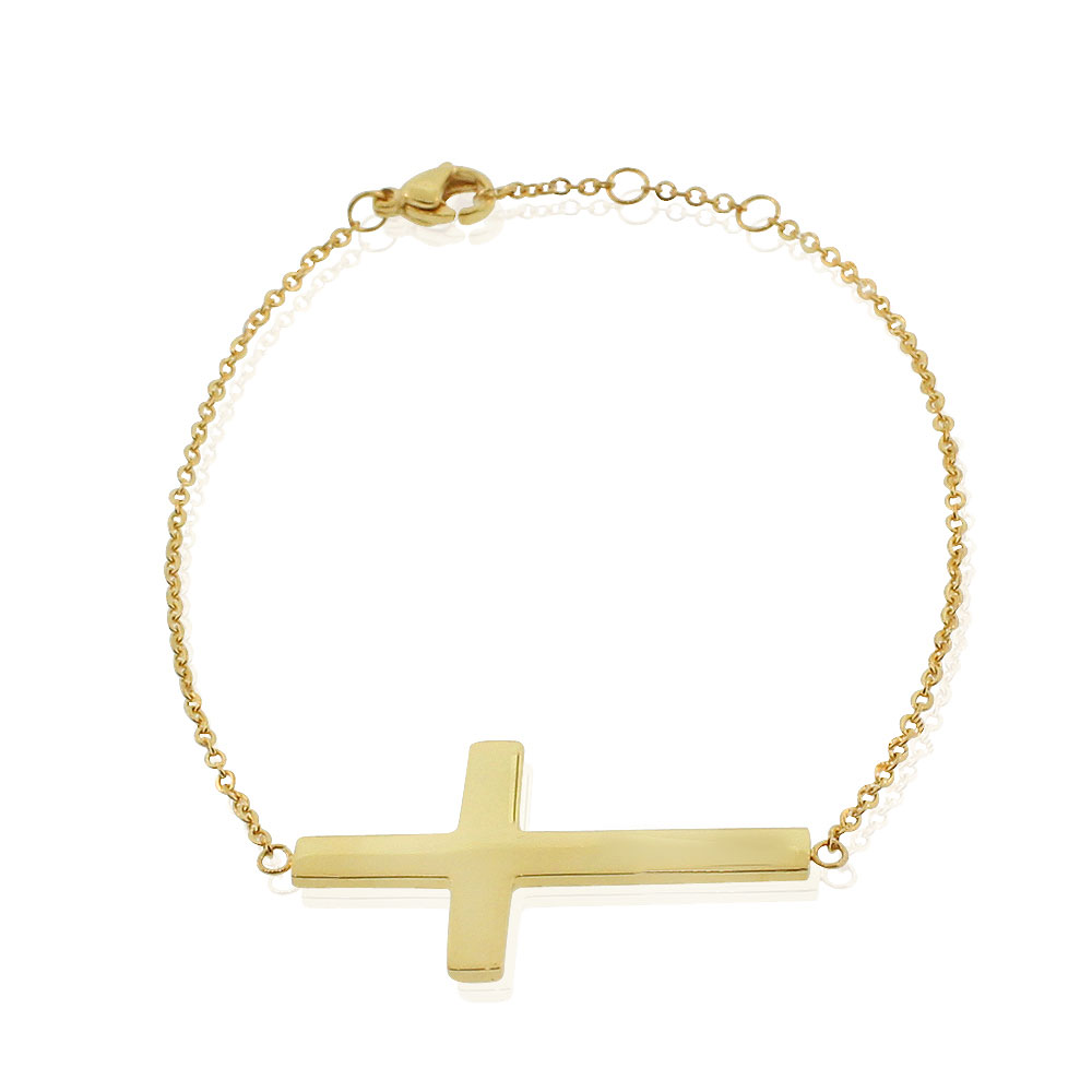 Stainless Steel Yellow Gold-Tone Religious Cross Link Chain Bracelet
